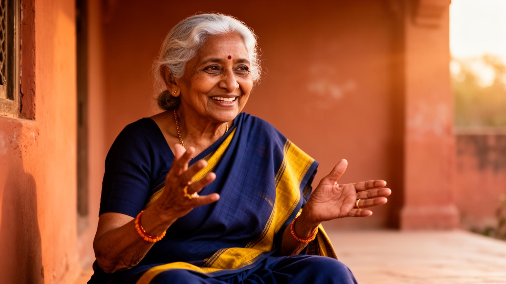 A South Asian grandmother on a sunlit veranda, telling a story with her hands
